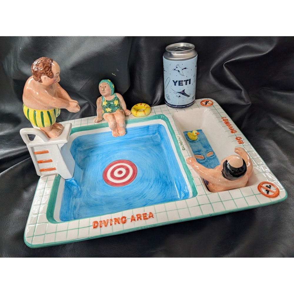 Vintage 1995 Lotus Ceramic Swimming Pool Tray Salt Pepper Diver Swimmer Figures